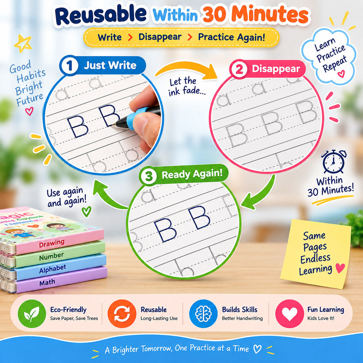 Sank Magic Practice Copybook Set (4 Reusable Books with Magic Pen)