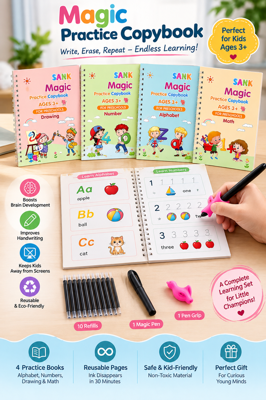Sank Magic Practice Copybook Set (4 Reusable Books with Magic Pen)