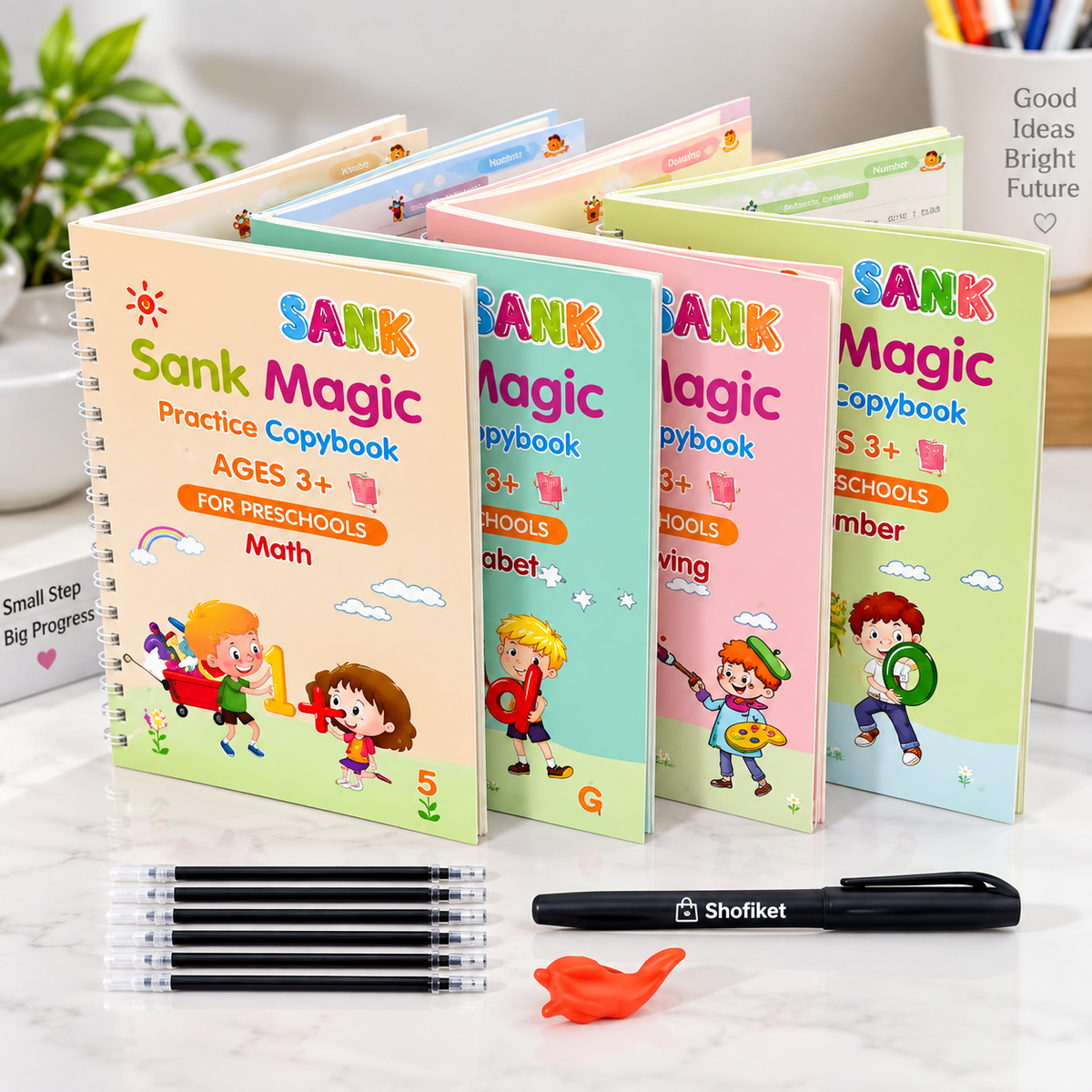 Sank Magic Practice Copybook Set (4 Reusable Books with Magic Pen)